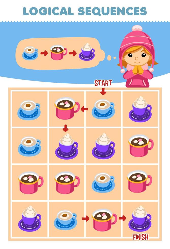 jogo educativo para crianças sequência lógica ajuda menina a classificar chocolate quente do início ao fim planilha de inverno imprimível vetor