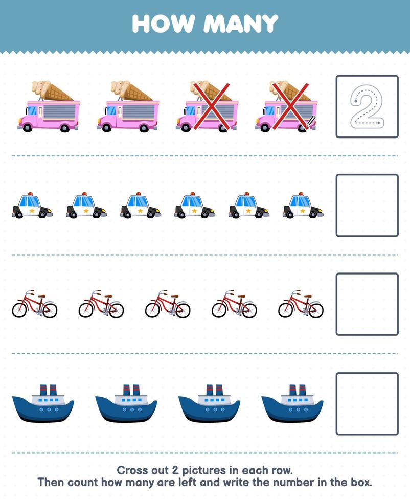jogo de educação para crianças conte quantos desenhos animados fofos caminhão de sorvete carro da polícia bicicleta navio e escreva o número na planilha de transporte imprimível da caixa vetor