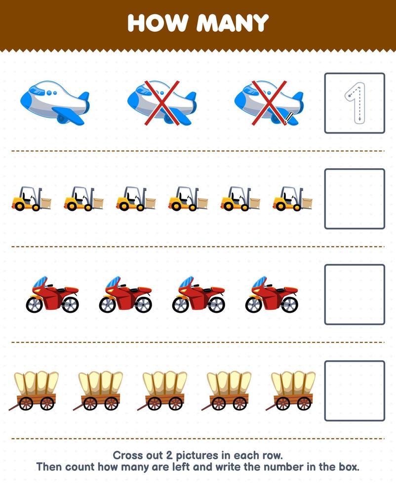 jogo educacional para crianças, conte quantos desenhos animados bonitos, empilhadeira, carroça de motocicleta e escreva o número na planilha de transporte imprimível da caixa vetor