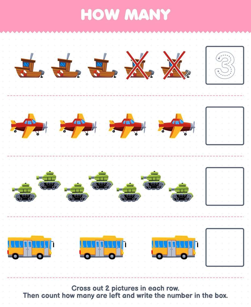 jogo de educação para crianças conte quantos desenhos animados fofos avião avião tanque ônibus e escreva o número na planilha de transporte imprimível da caixa vetor
