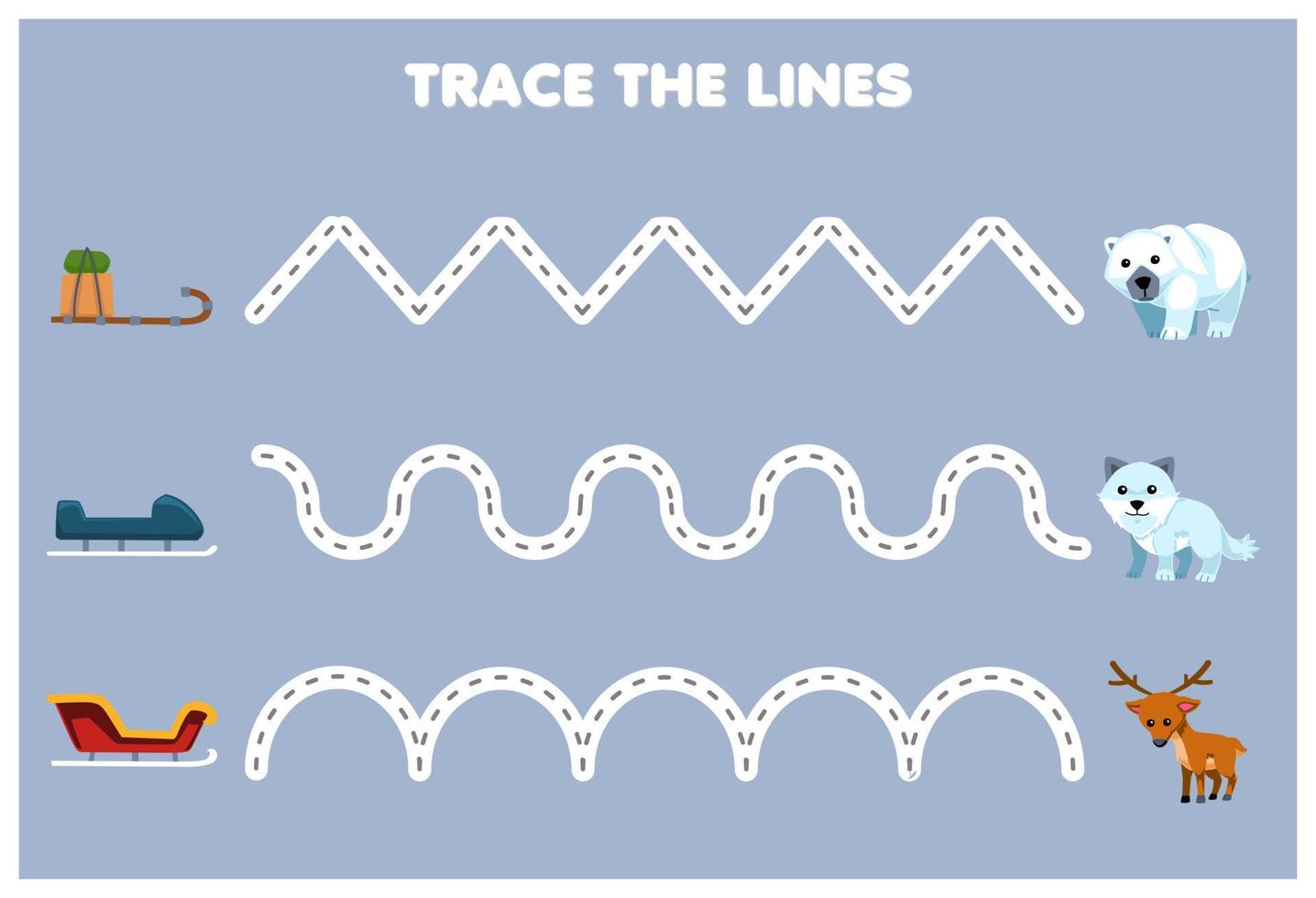 jogo de educação para prática de caligrafia infantil trace as linhas com um trenó bonito de desenho animado mova-se para o urso polar ártico raposa veado folha de trabalho de inverno imprimível vetor