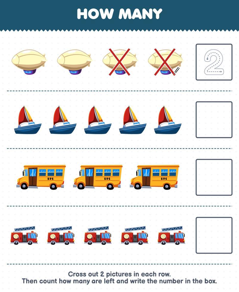 jogo de educação para crianças conte quantos caminhões de bombeiros de ônibus de veleiro de zepelim de desenho animado fofo e escreva o número na planilha de transporte imprimível da caixa vetor