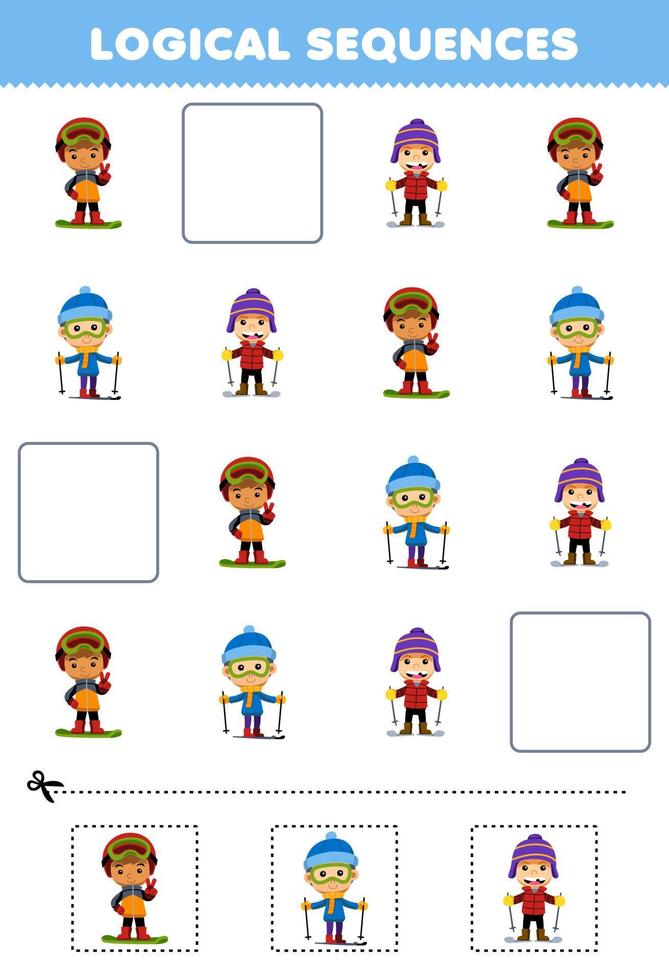 jogo de educação para crianças sequências lógicas para crianças com menino bonito dos desenhos animados jogando esqui planilha de inverno imprimível vetor