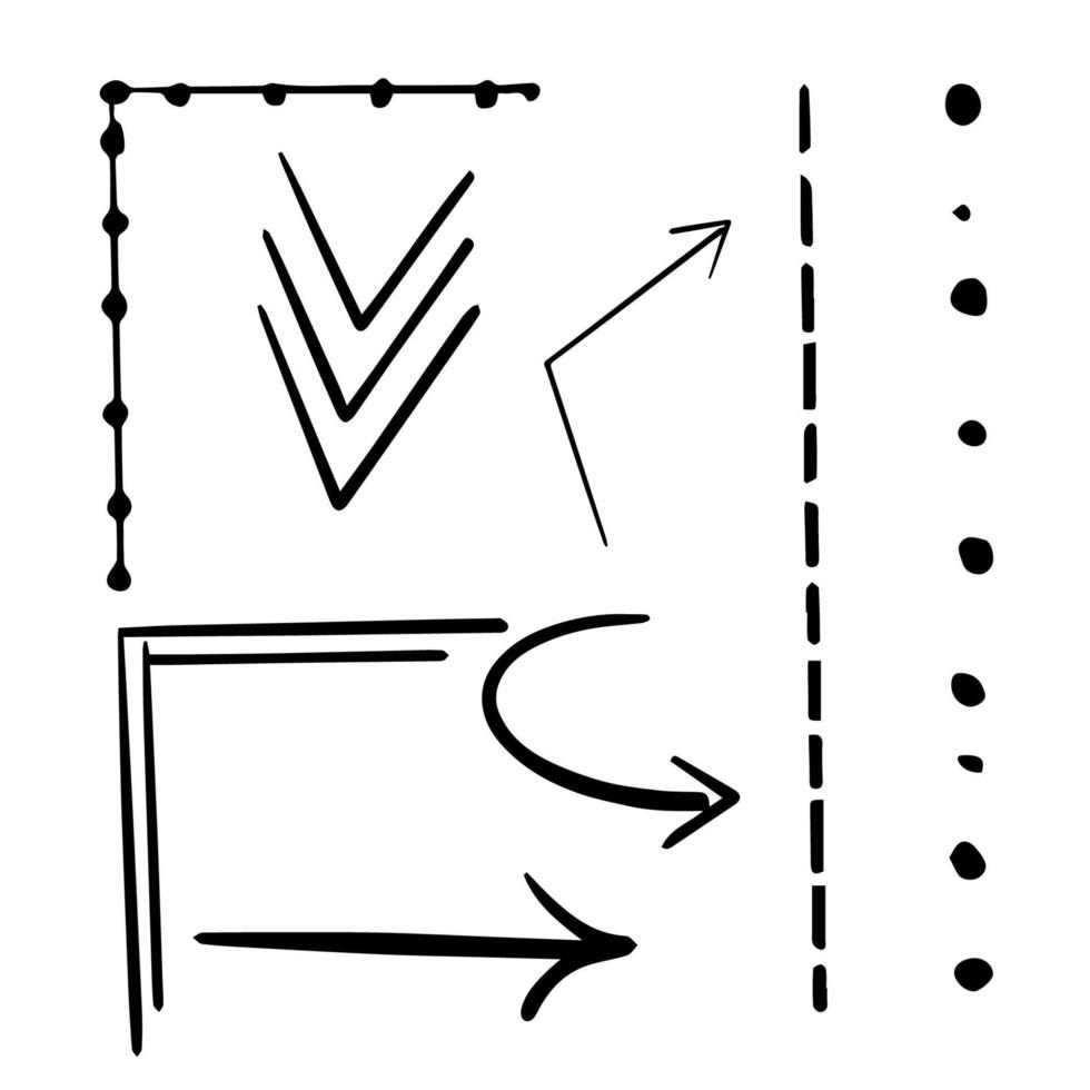 definir linhas, setas, marcas no estilo doodle isolado no fundo branco. pontos desenhados à mão, listras. ilustração vetorial vetor