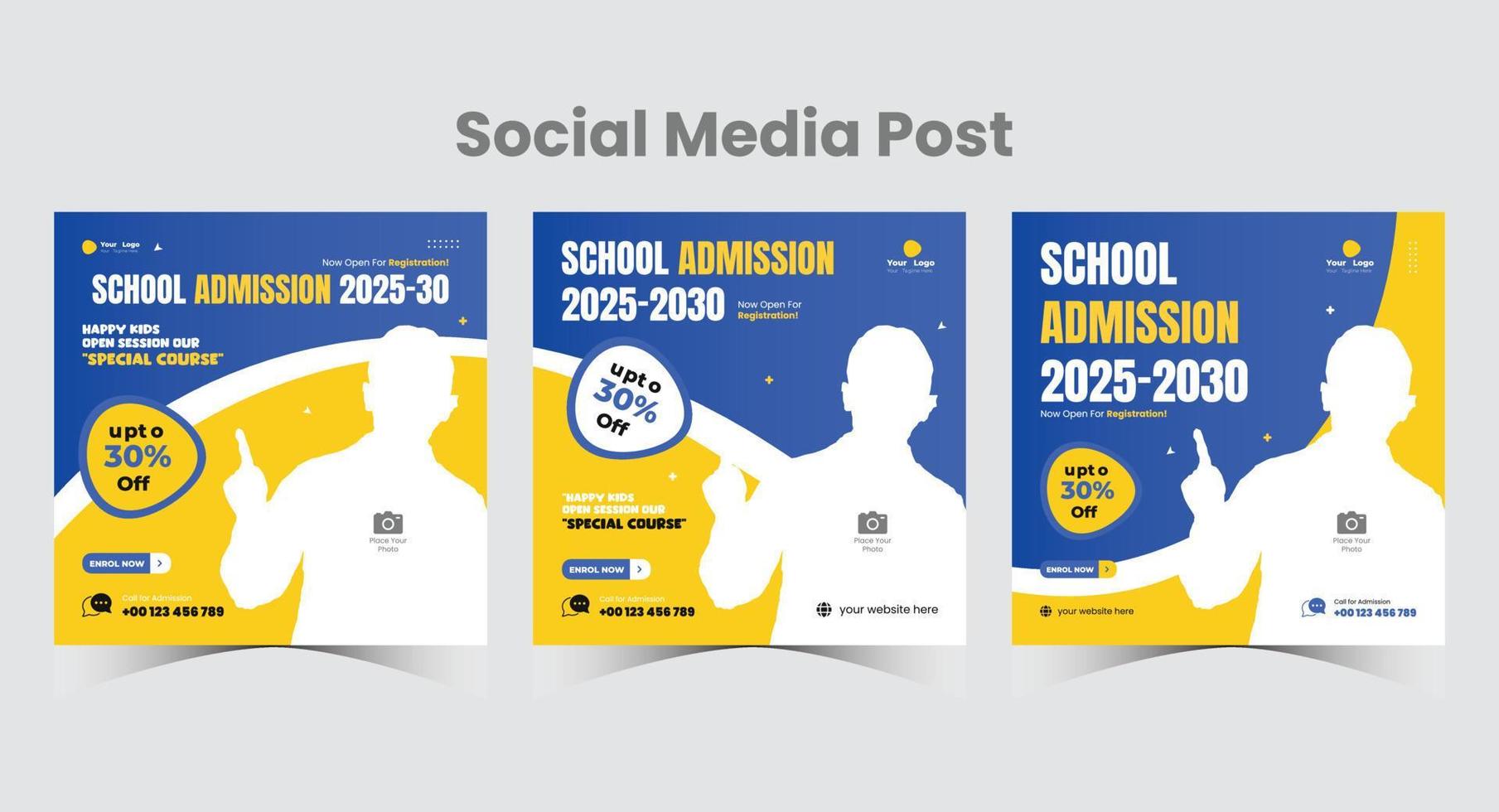 modelo de design de postagem de mídia social de admissão escolar ou de volta às mídias sociais da escola combinação de cores azul e amarela pacote de layout banner quadrado da web vetor