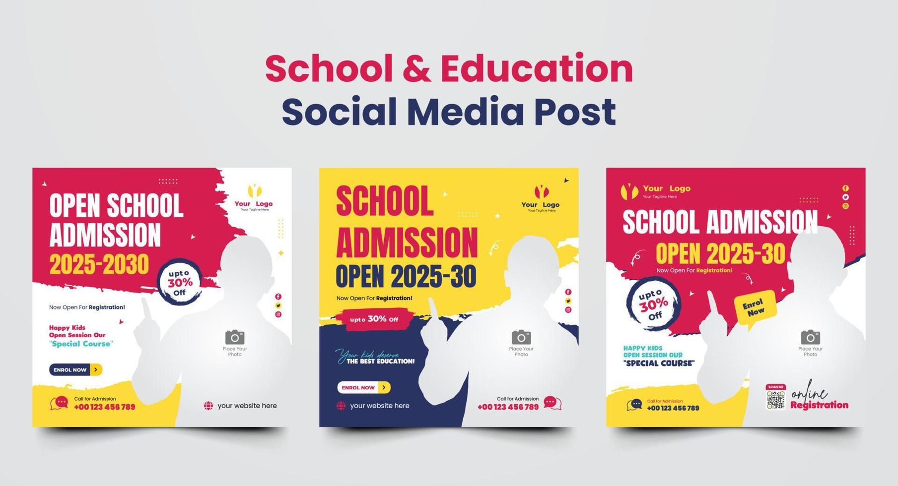 post de mídia social de admissão escolar ou modelo de design de postagem de mídia social de admissão escolar e modelo de conjunto de banner quadrado da web de combinação de cores vetor