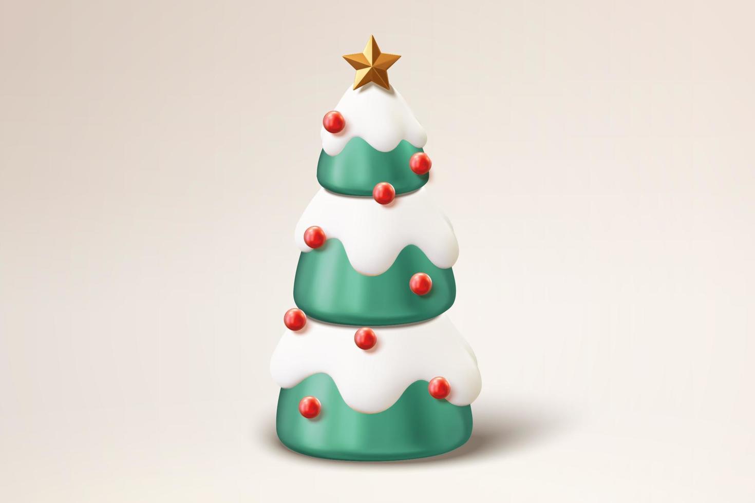 Árvore de Natal decorada em 3D. ilustração da árvore de natal coberta de neve, enfeites vermelhos e uma estrela dourada em cima dela vetor