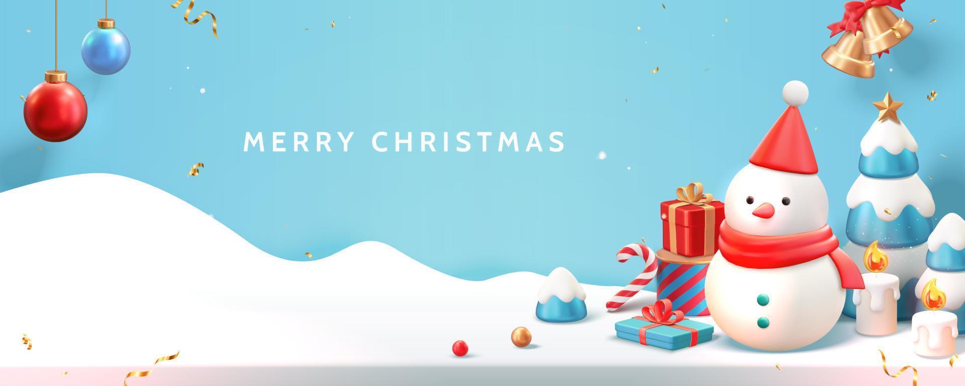 Banner de feliz natal 3d em azul. boneco de neve em pé no fundo do natal com caixas de presente, enfeites e árvores de natal no fundo da superfície da neve vetor