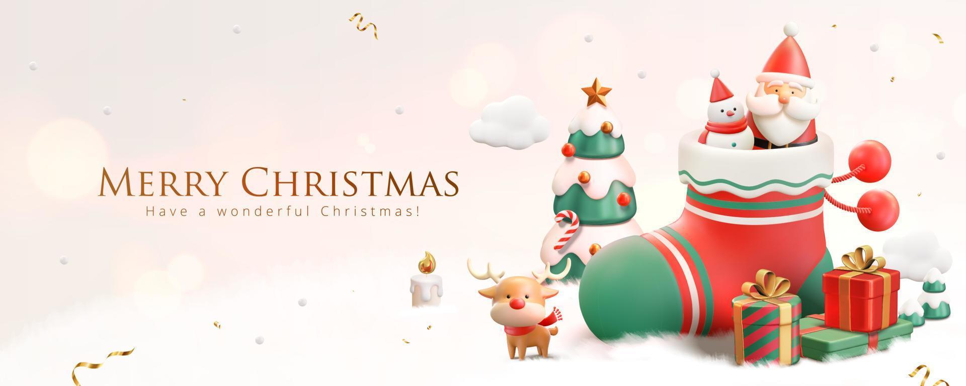 Banner de natal 3d com boneco de neve e papai noel na meia com enfeites festivos de natal em um fundo branco nevado vetor