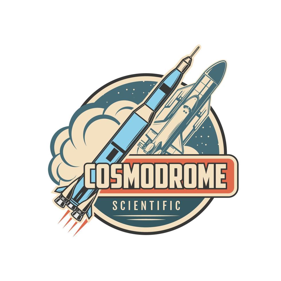 ícone do cosmódromo com foguete espacial e ônibus espacial vetor