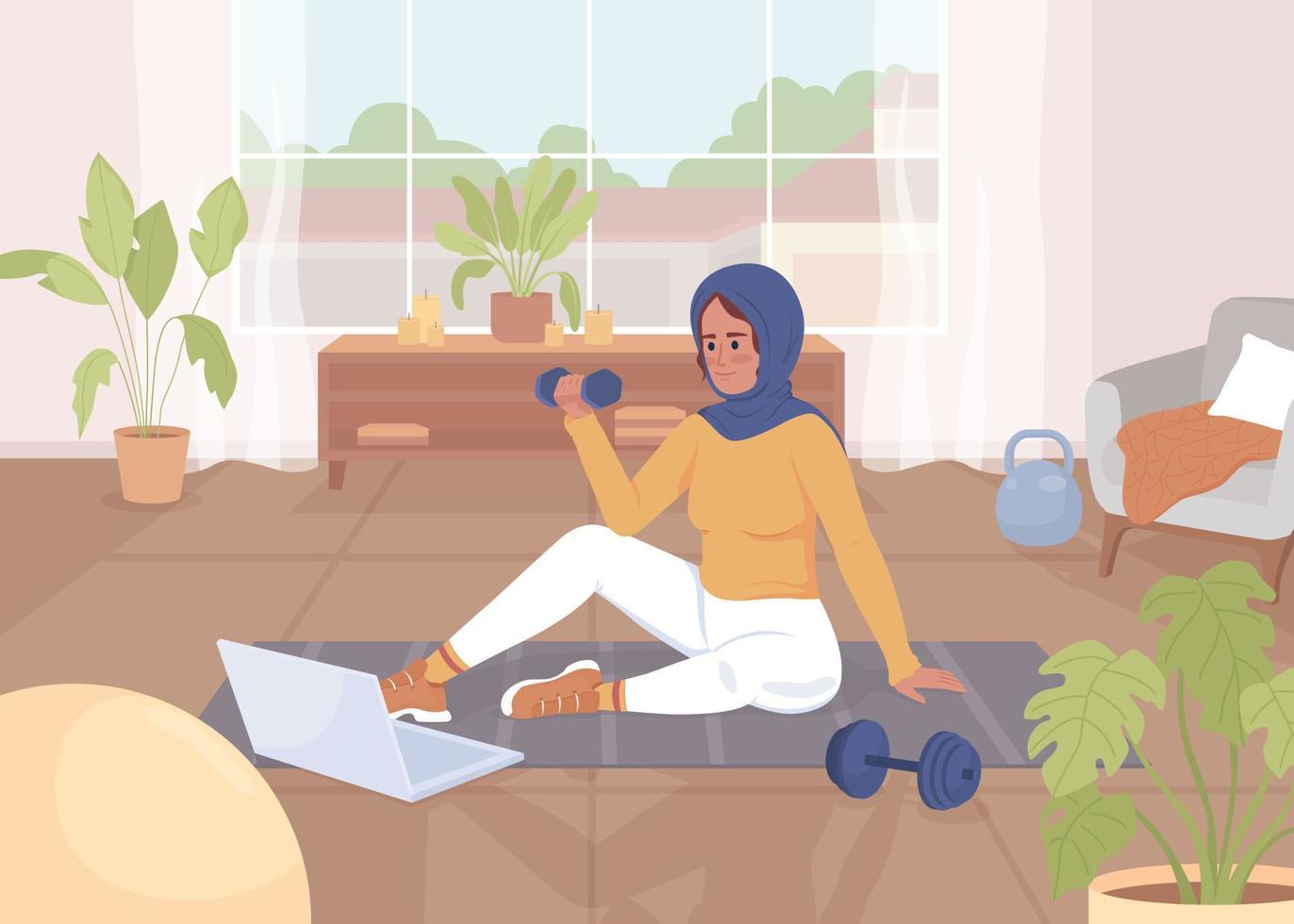 senhora fazendo exercício com ilustração vetorial de cor plana de halteres. blogueiro de fitness realizando streaming. atividade esportiva. personagem de desenho animado simples 2d totalmente editável com sala de estar no fundo vetor