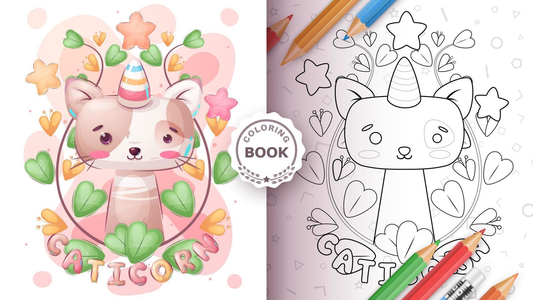 página para colorir personagem de desenho animado adorável caticorn, ideia de animal bonito para imprimir camiseta, pôster e envelope infantil, cartão postal. gatinho bonito estilo desenhado à mão. vetor