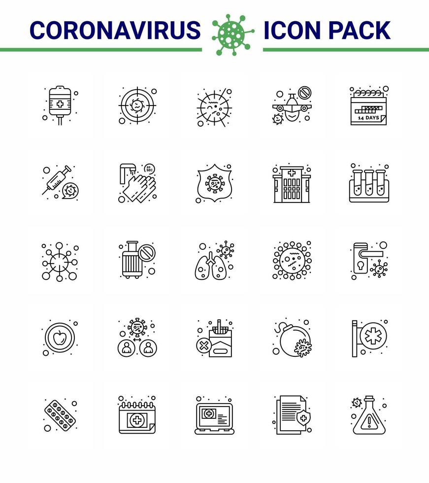 ícones de conscientização de coronavírus ícone de 25 linhas relacionados à gripe do vírus da corona, como gripe de viagem de data, proibir vírus viral coronavírus doença de 2019nov vetor elementos de design