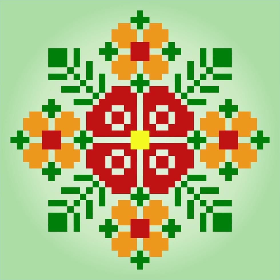 Ornamentos de flores de pixel de 8 bits. círculo de flores para padrões de ponto cruz, em ilustrações vetoriais. vetor