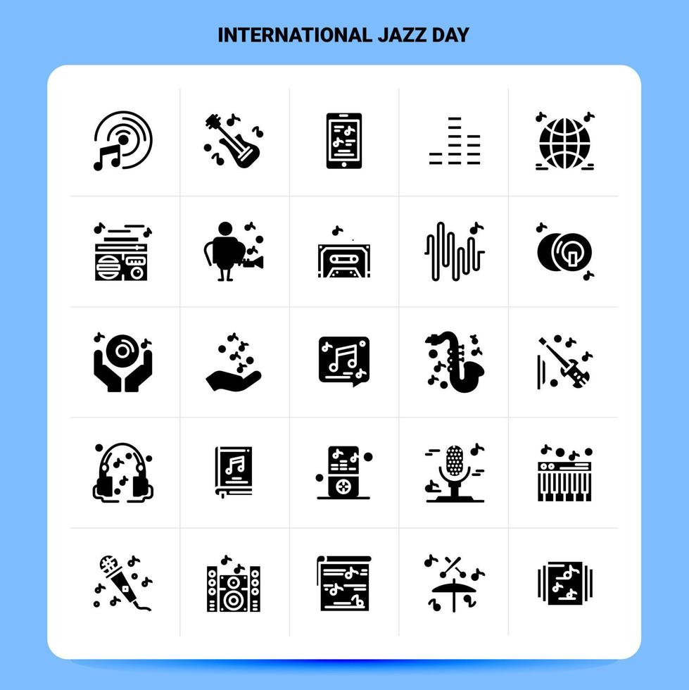 sólido 25 dia internacional do jazz conjunto de ícones design de estilo glifo vetorial conjunto de ícones pretos web e design de ideias de negócios móveis ilustração vetorial vetor