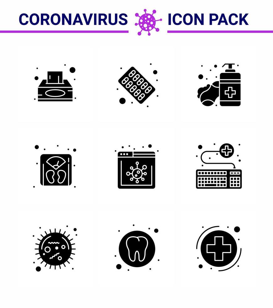 novo coronavírus 2019ncov 9 glifo sólido pacote de ícones pretos máquina de notícias sabão gerenciamento de peso coronavírus viral 2019nov doença vetor elementos de design
