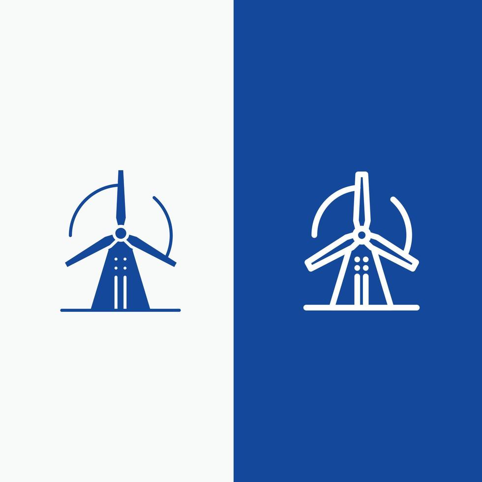 linha de energia de energia eólica de turbina e ícone sólido de glifo banner azul linha e ícone sólido de glifo banner azul vetor