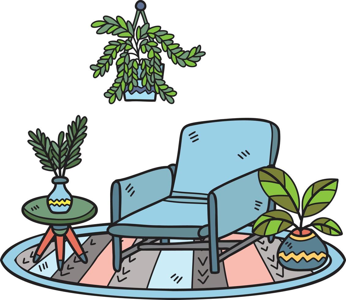 poltrona desenhada à mão com planta suspensa e mesa lateral na ilustração do quarto interior do tapete vetor