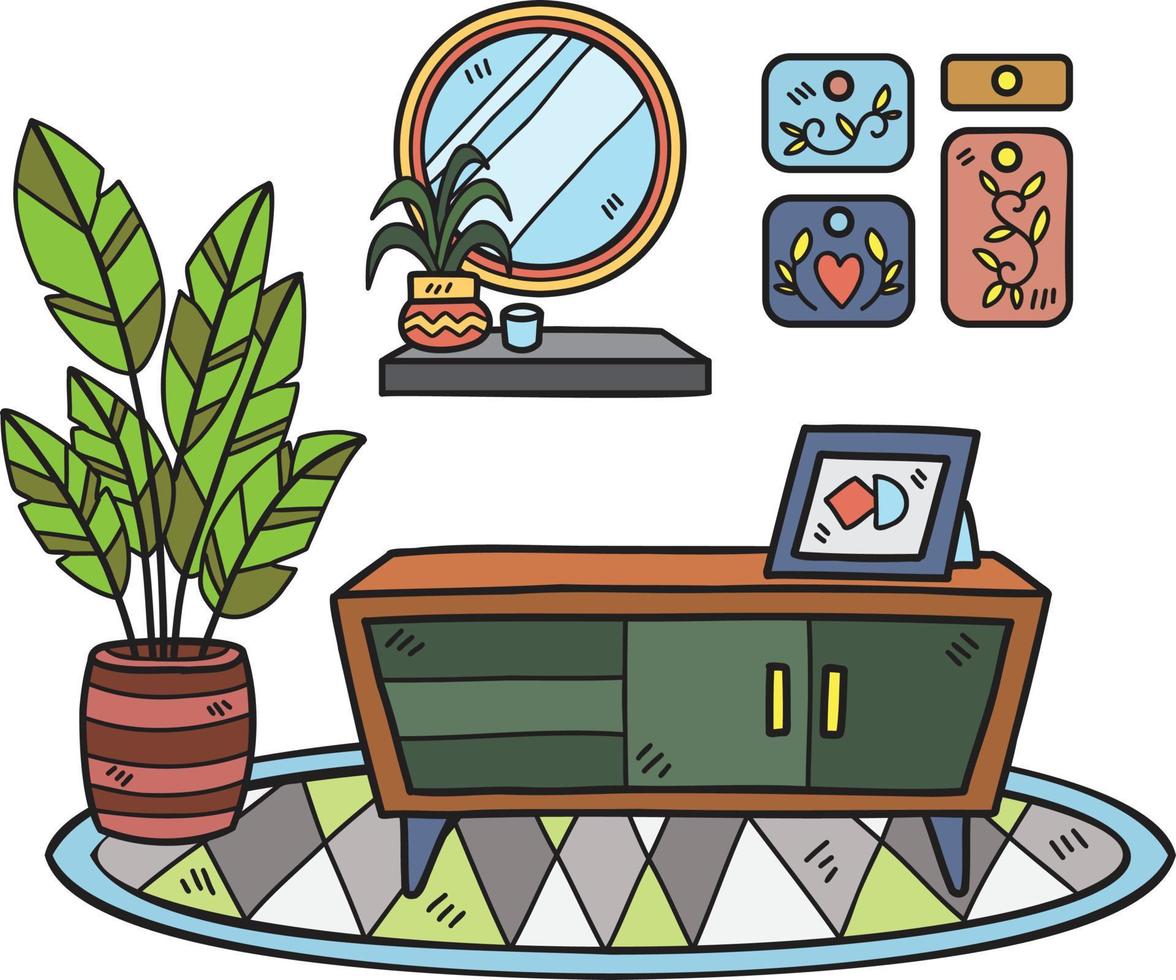 prateleira desenhada à mão com plantas na ilustração do quarto interior do tapete vetor