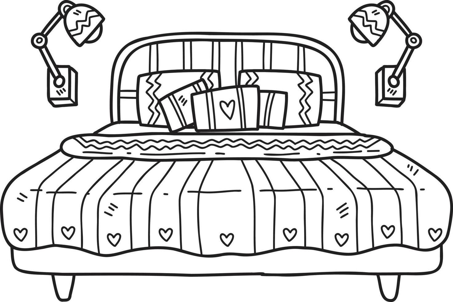 cama desenhada à mão e ilustração do quarto interior da lâmpada vetor