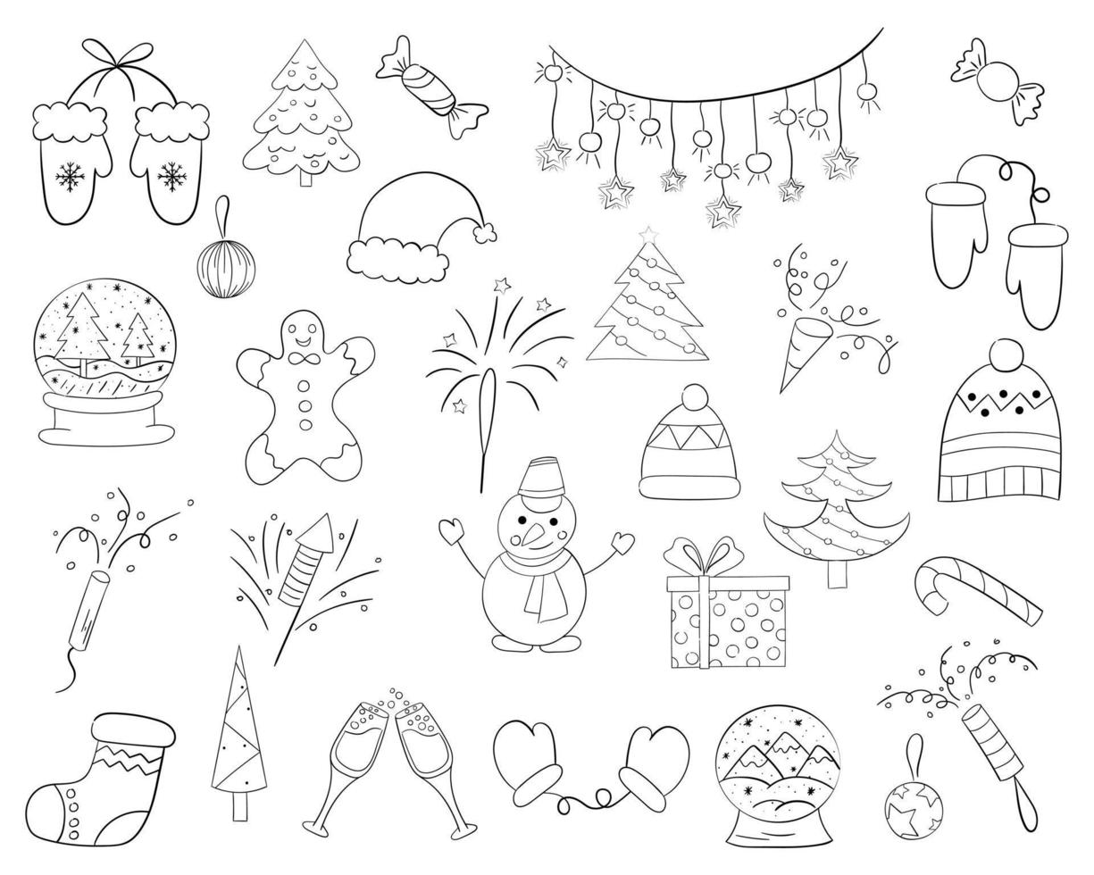 um conjunto de ícones de natal com uma linha fina, ilustração vetorial doodle. vetor