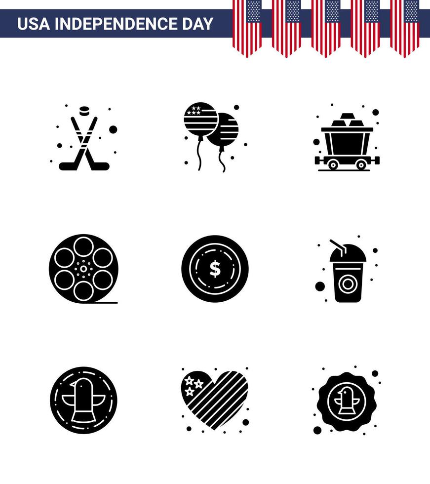 conjunto de 9 glifos sólidos vetoriais em 4 de julho dia da independência dos eua, como maony american cart american play editável eua day vector design elements