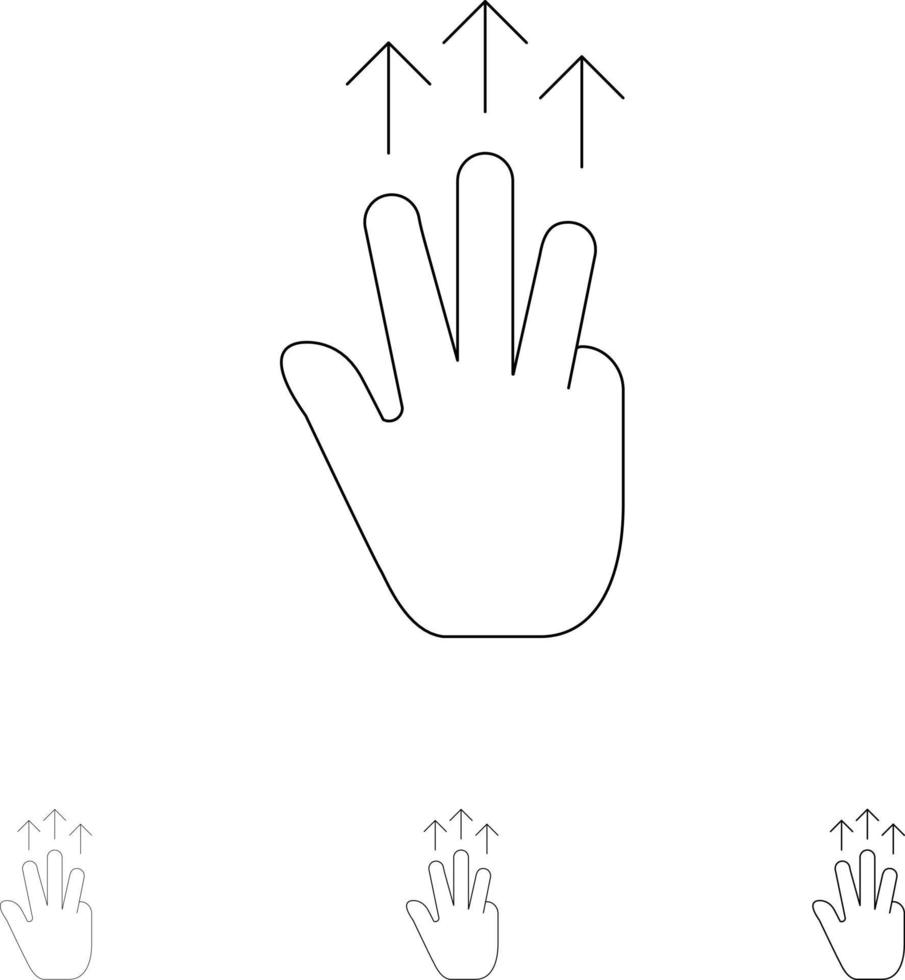gestos mão móvel toque de três dedos em negrito e conjunto de ícones de linha preta fina vetor