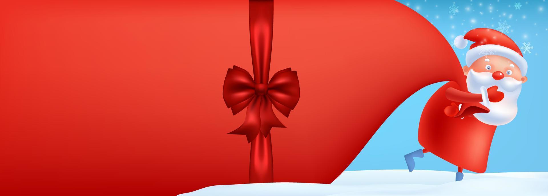 cartão de Natal vermelho brilhante colorido. Papai Noel com uma sacola enorme entregando presentes na neve. Personagem de desenho animado. cartão de cupom de venda para presentes. feliz Natal e Feliz Ano Novo. cartaz de natal vetor