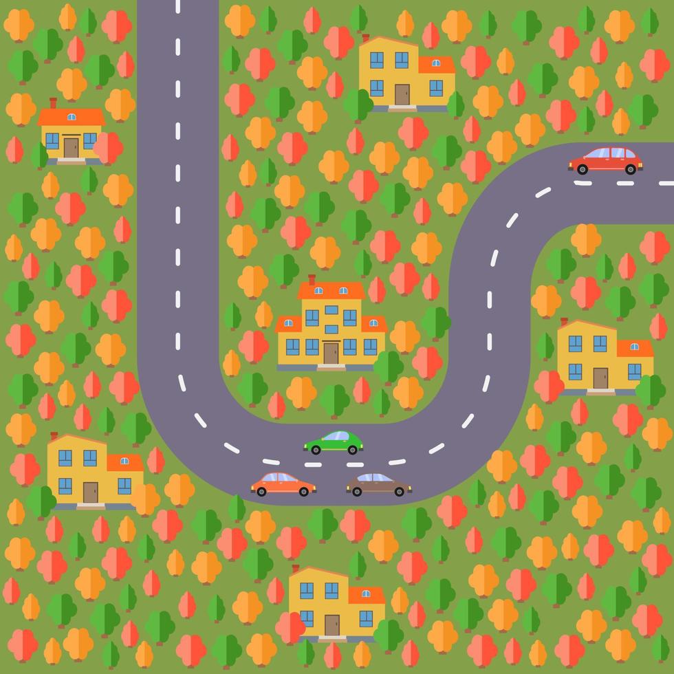 plano de aldeia. paisagem com a estrada, floresta, carros e casas. ilustração vetorial vetor