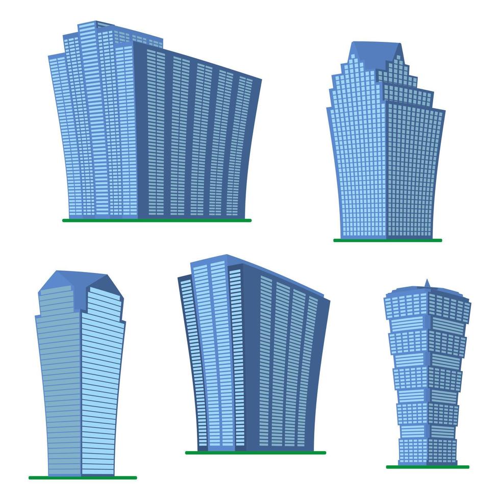 conjunto de cinco arranha-céus modernos em um fundo branco. vista do prédio por baixo. ilustração vetorial isométrica. vetor