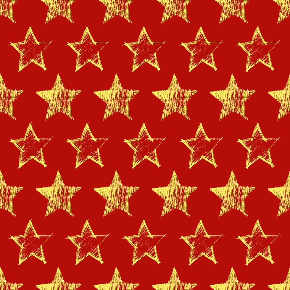 padrão perfeito com mão desenhada estrelas amarelas sobre fundo vermelho. textura abstrata do grunge. ilustração vetorial vetor
