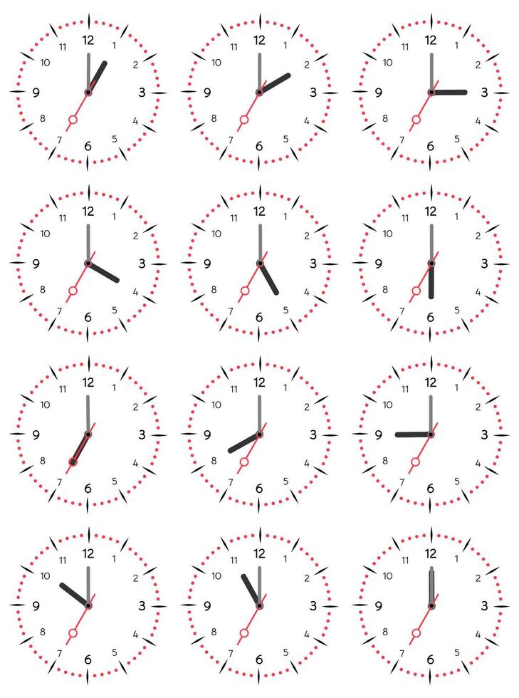 um conjunto de relógios mecânicos com a imagem de cada uma das doze horas. mostrador do relógio em fundo branco. vetor