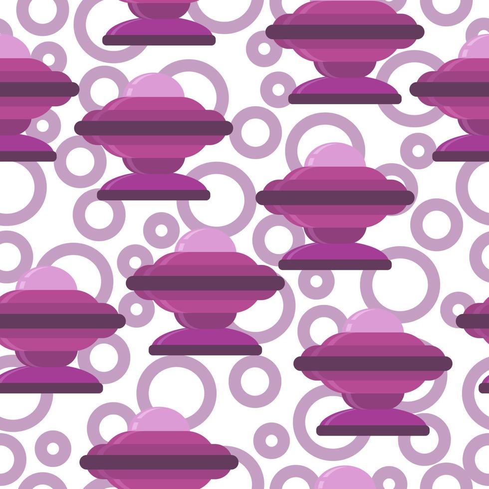 padrão perfeito de naves espaciais ufo em tons de roxo em estilo cartoon, objetos voadores e círculos abstratos em um fundo branco vetor