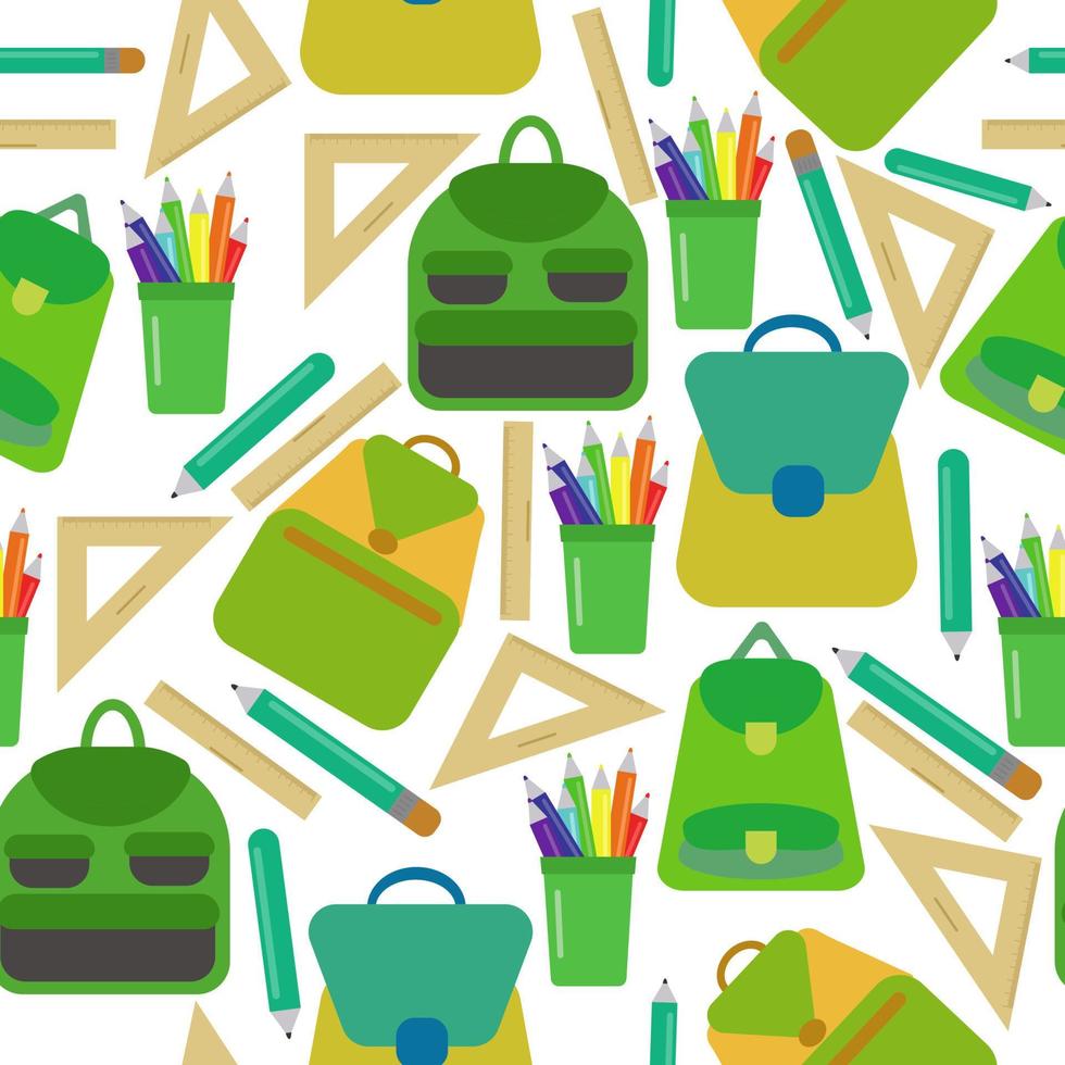 padrão perfeito de mochilas escolares, réguas e lápis em tons de verde em um fundo branco vetor