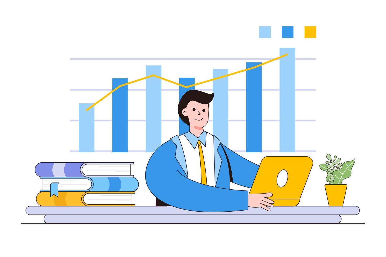 trabalhadores de escritório do sexo masculino estão estudando os infográficos, a análise da escala evolutiva. ilustração vetorial de gráficos de negócios, ensino a distância e educação vetor