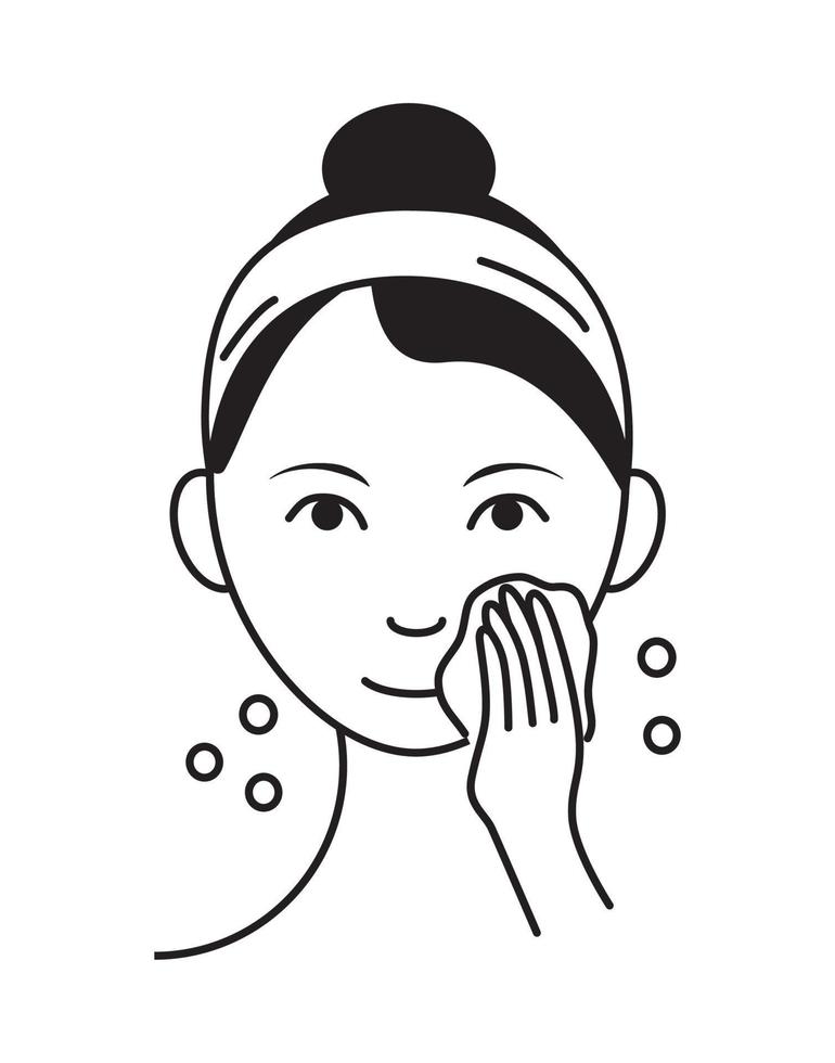 vetor de ícone de rosto de lavagem. garota mostra como limpar, limpar o rosto e usar limpador cosmético. infográfico em ilustração de estilo de estrutura de tópicos isolada