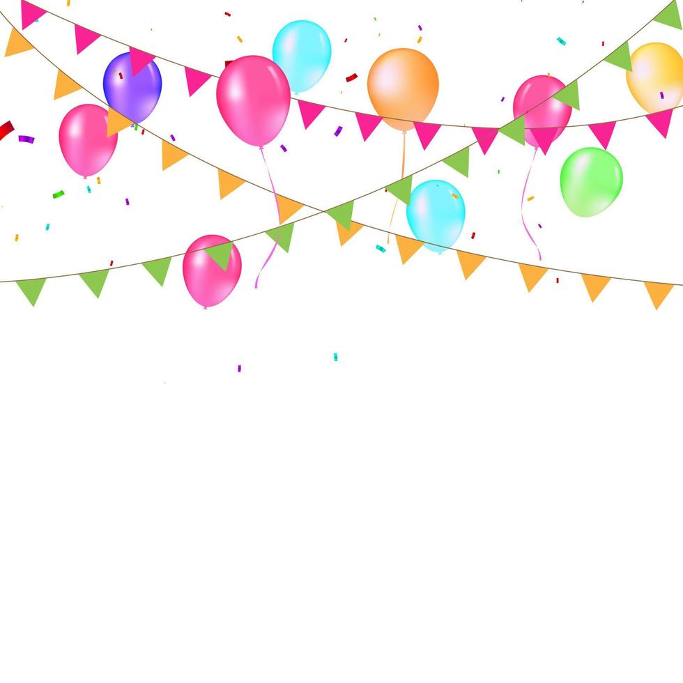 bandeiras coloridas festivas e modelo de baner de balão, fundo branco. ilustração vetorial. letras de carnaval. lugar para o seu texto. design para convite, cartaz, cartão, banner, flyer vetor