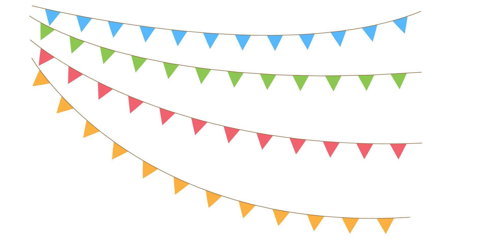 guirlandas de sinalizadores de bandeirinhas brilhantes multicoloridas isoladas no fundo branco. bunting e ilustração vetorial de bandeira de festa vetor