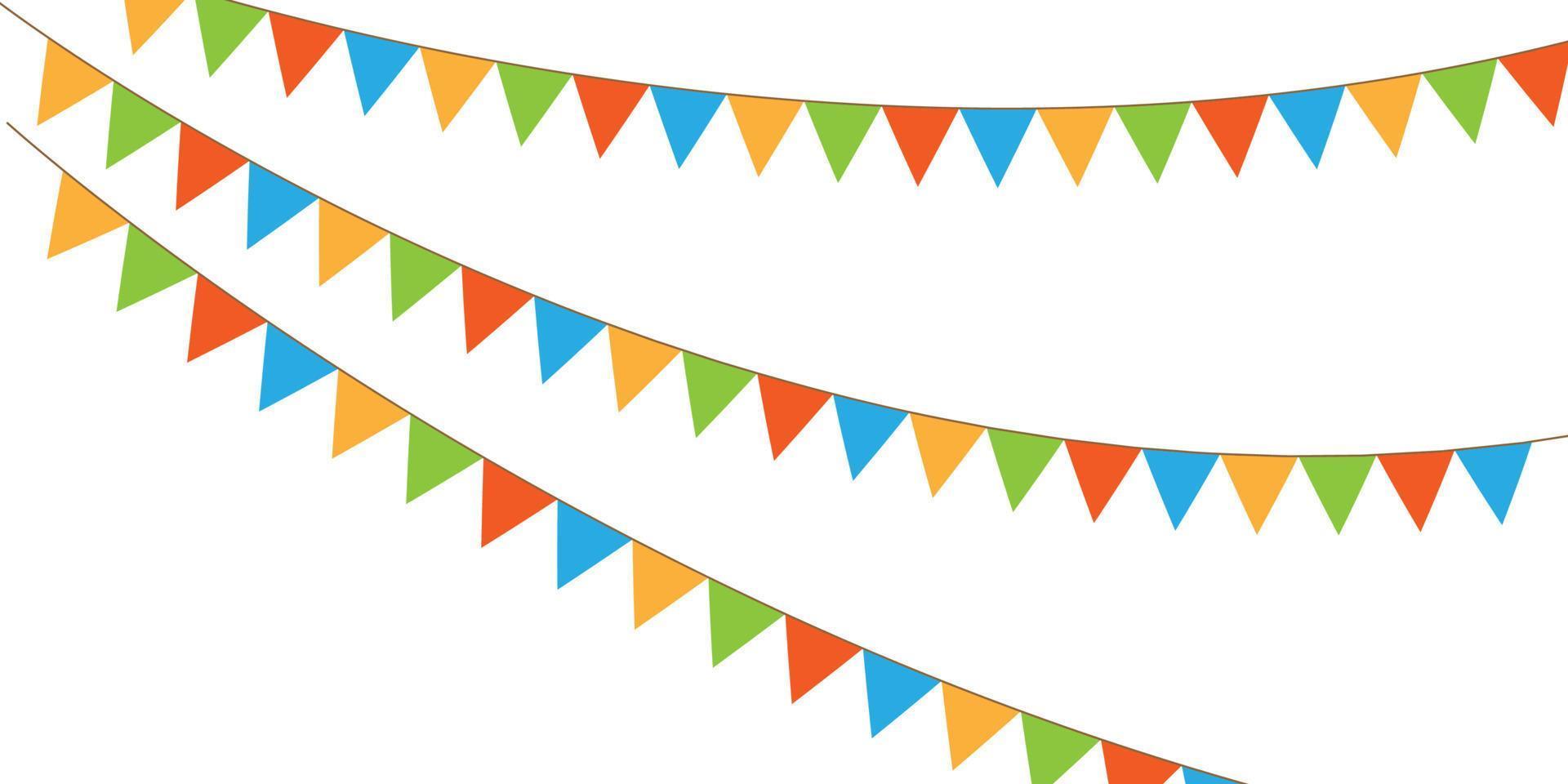 guirlandas de sinalizadores de bandeirinhas brilhantes multicoloridas isoladas no fundo branco. bunting e ilustração vetorial de bandeira de festa vetor