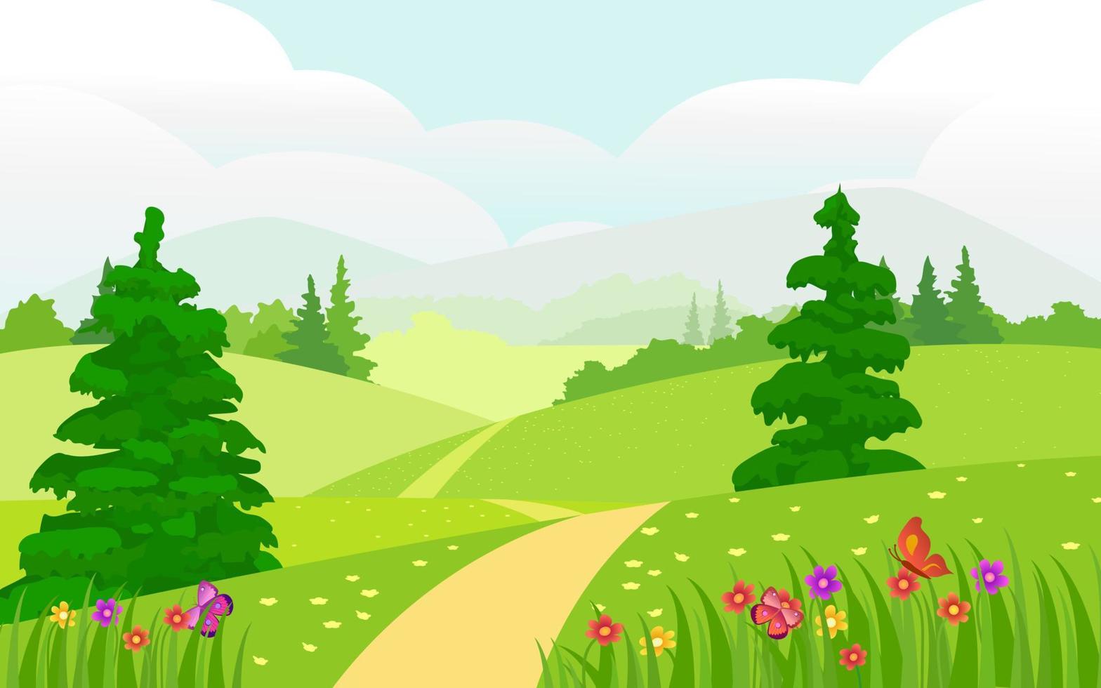 ilustração em vetor de uma bela paisagem de verão. flores de paisagem de primavera e ilustração vetorial de árvore.
