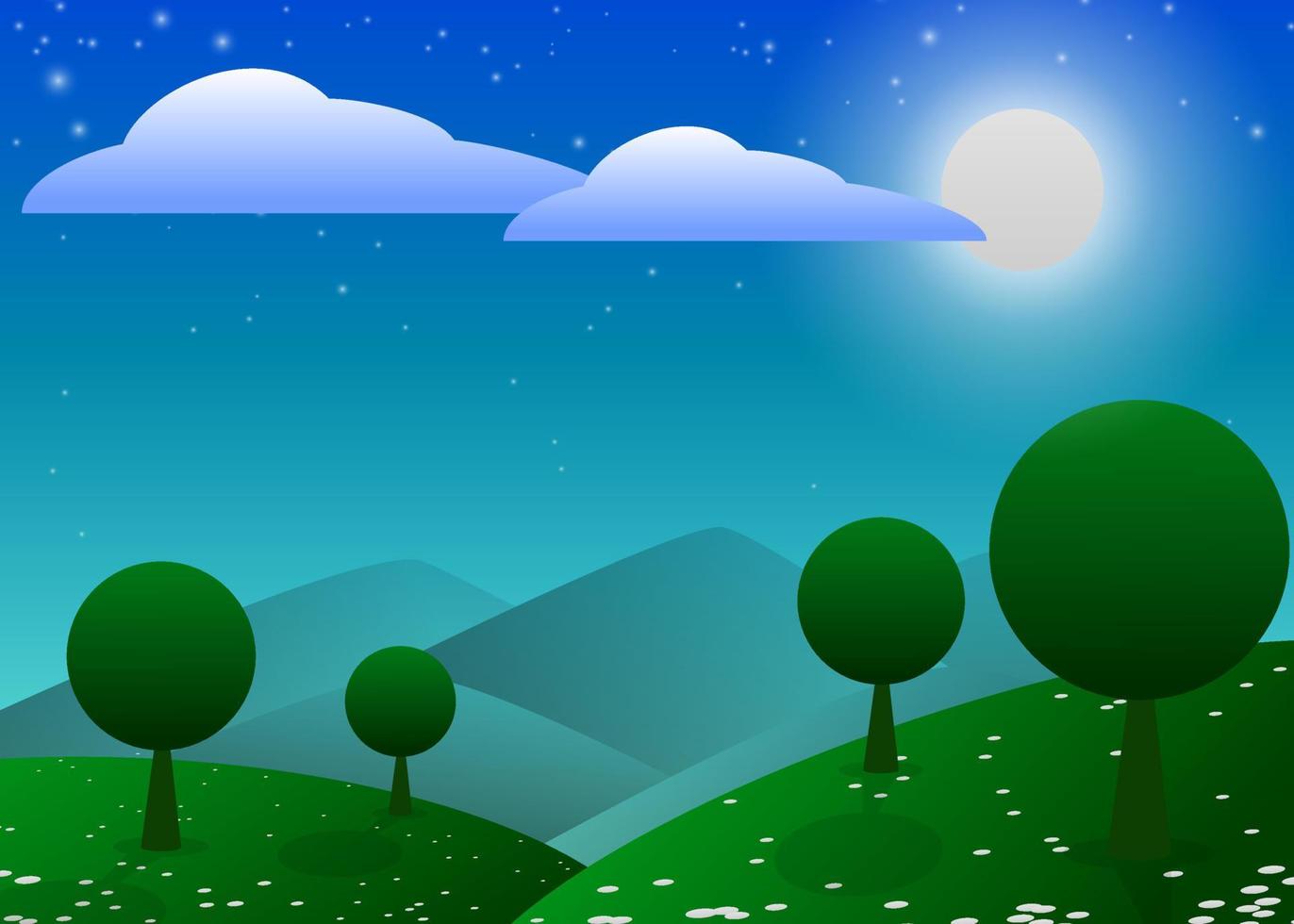 ilustração de uma floresta limpa e verde sob a lua cheia brilhante. ilustração vetorial. vetor