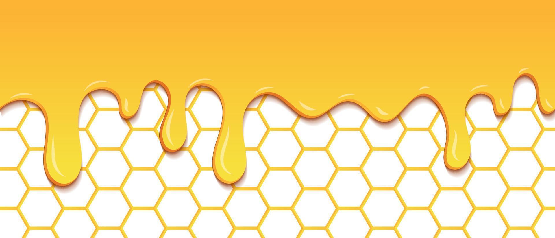 padrão amarelo com gotas de favo de mel e mel. padrão sem emenda de mel pingando. textura perfeita de células hexagonais de mel ouro. ilustração vetorial vetor