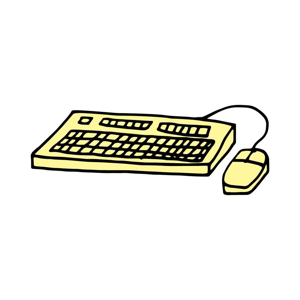 Esboço desenhado à mão de vetor de teclado vintage e mouse de computador. doodle desenho acessórios de computador