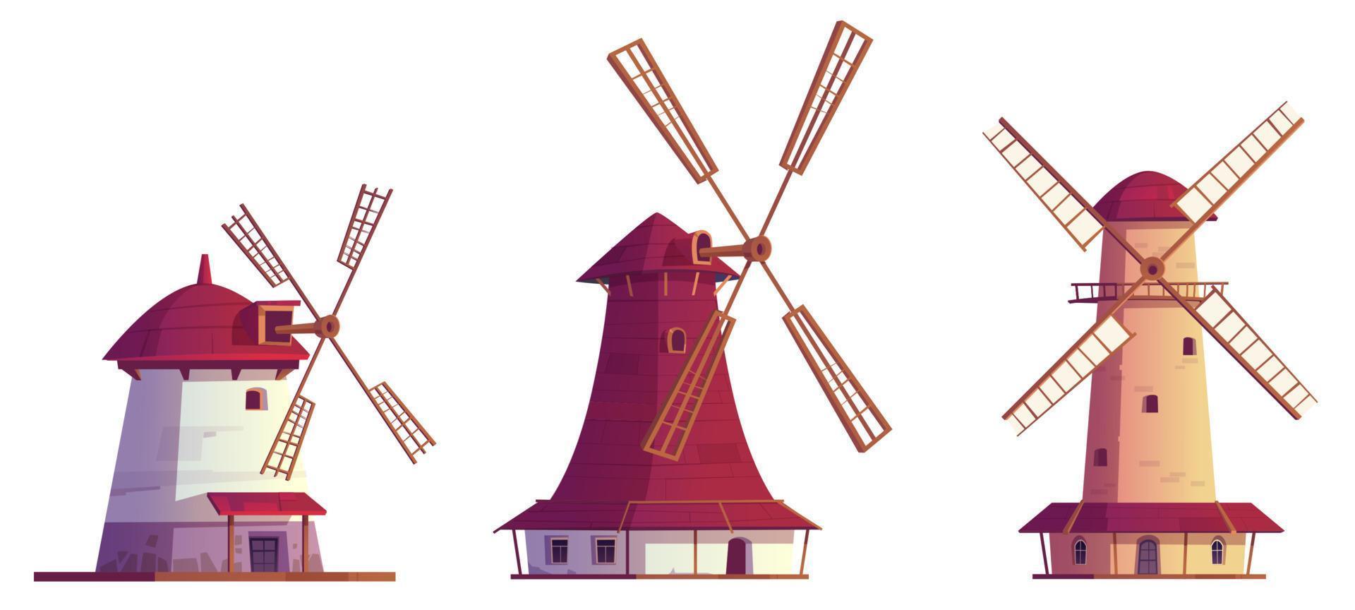 moinhos de vento dos desenhos animados, conjunto isolado de edifícios antigos vetor