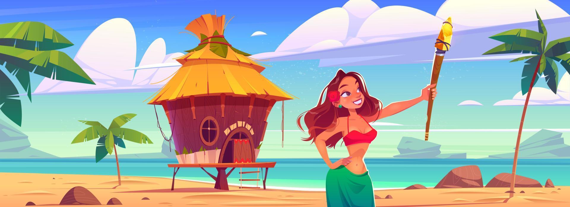 jovem mulher segurando a tocha na praia com cabana, festa vetor