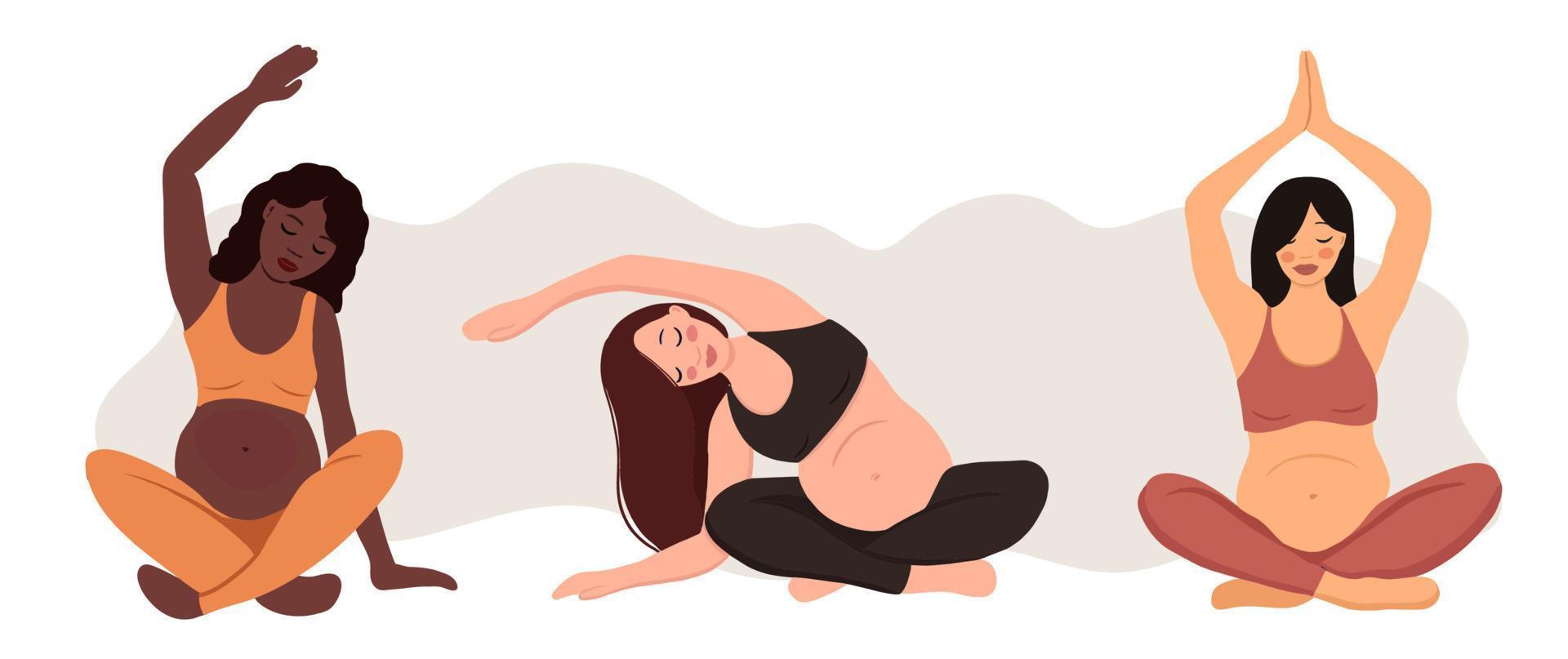três mulheres grávidas de etnia diferente. conceito de yoga e meditação pregrant, ilustração vetorial vetor