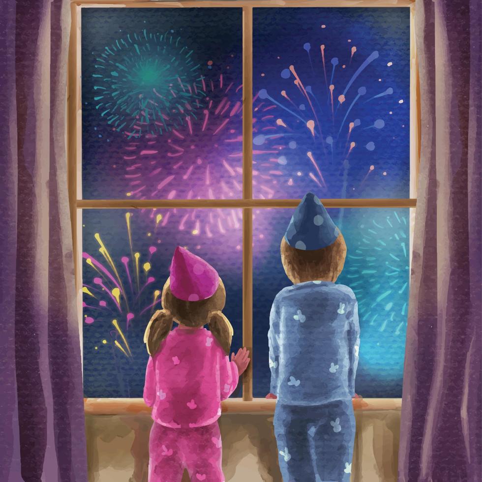 celebração de fogos de artifício de ano novo com duas crianças assistindo de casa vetor