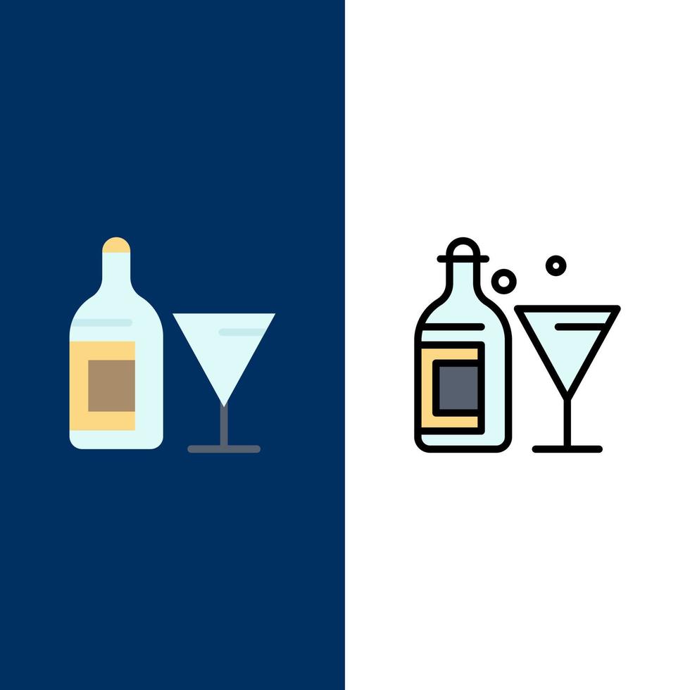 garrafa de bebida de vidro ícones de vinho plano e conjunto de ícones cheios de linha vector fundo azul