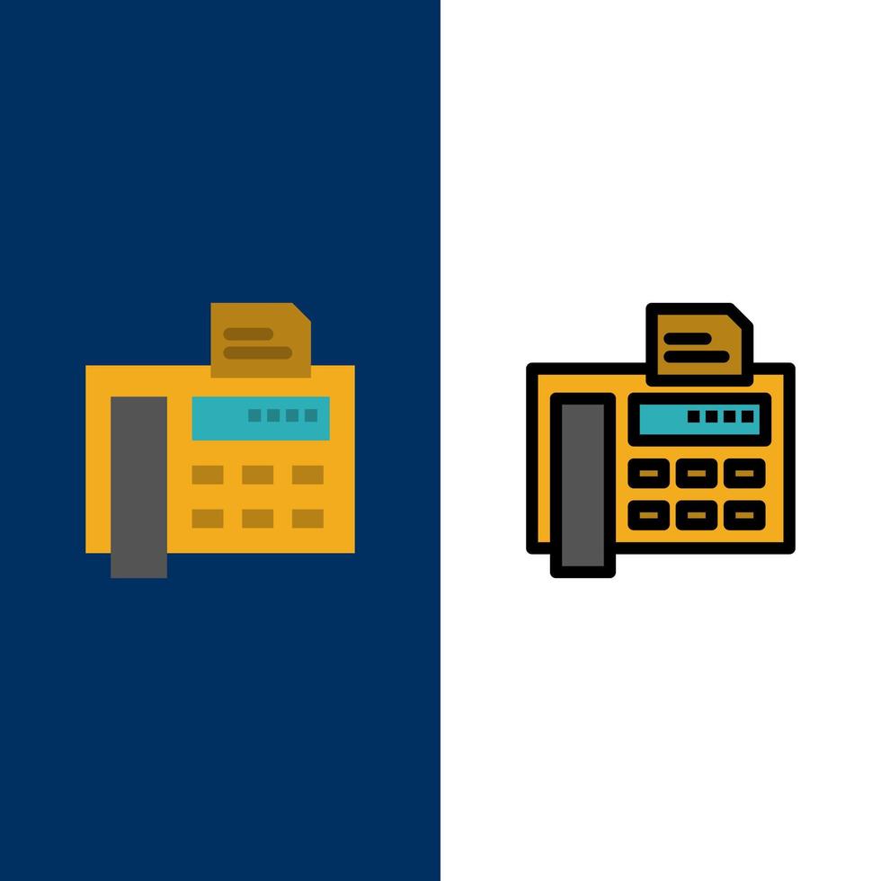 fax telefone máquina de escrever ícones de máquina de fax plana e conjunto de ícones cheios de linha vector fundo azul