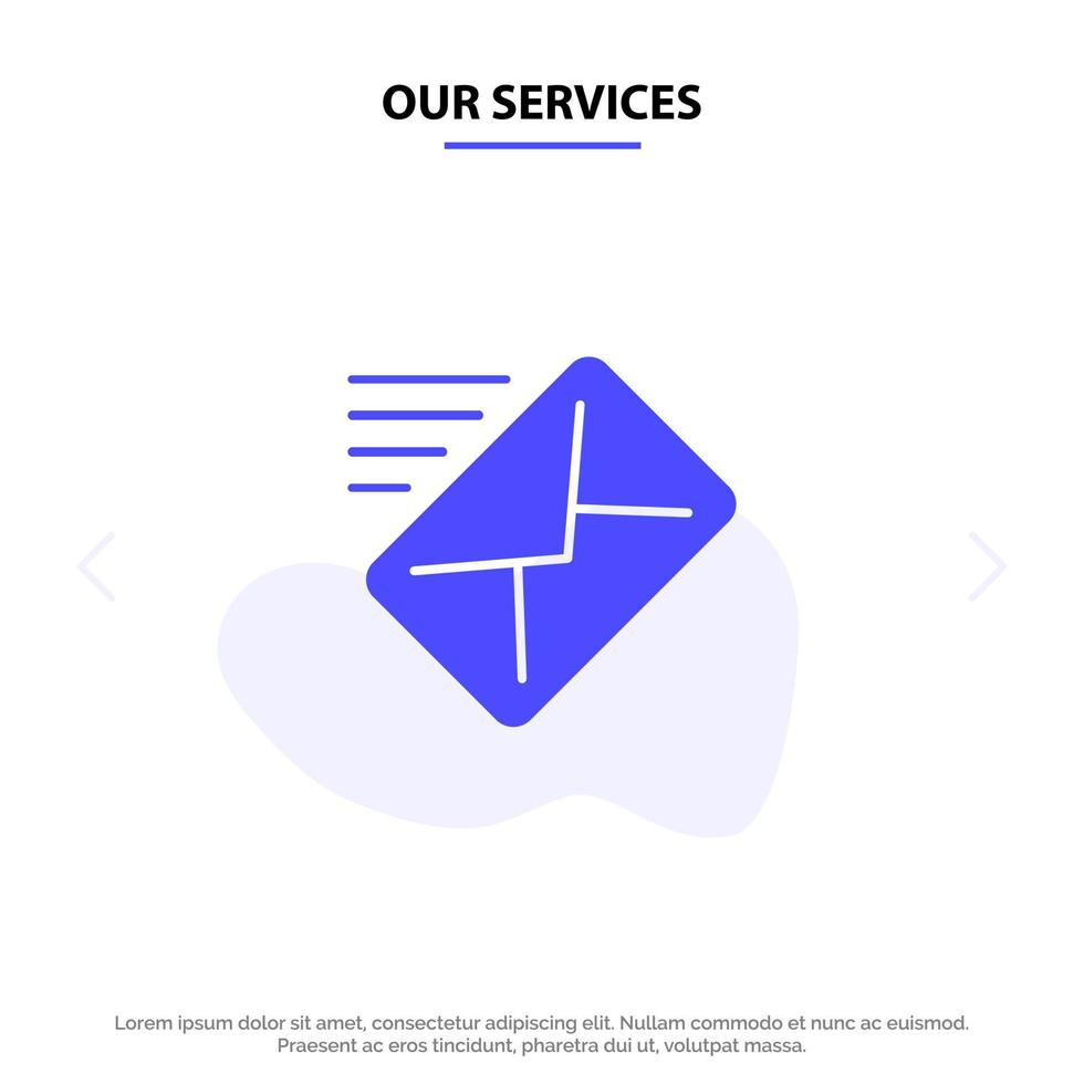 nossa mensagem de correio de e-mail de serviços enviada modelo de cartão da web de ícone de glifo sólido vetor